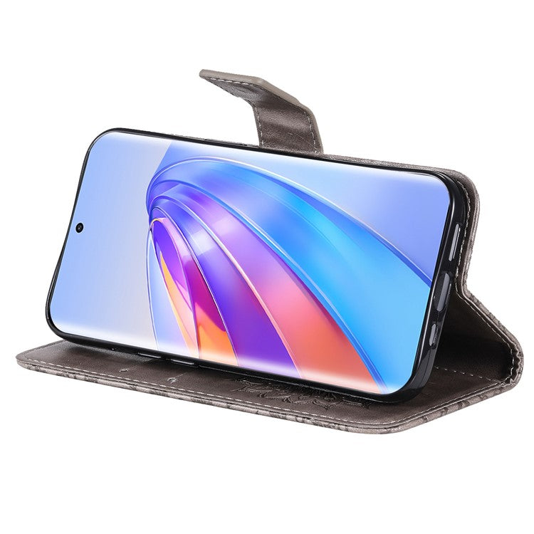 KT Imprinting Flower Series-1 for Honor X40 5G / X9a 5G / Magic5 Lite 5G PU Leather Magnetic Case Imprinted Sunflower Wallet Function Stand Flip Phone Cover with Strap - Grey