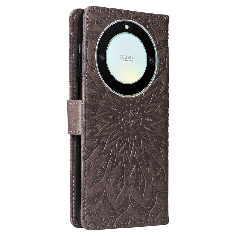 KT Imprinting Flower Series-1 for Honor X40 5G / X9a 5G / Magic5 Lite 5G PU Leather Magnetic Case Imprinted Sunflower Wallet Function Stand Flip Phone Cover with Strap - Grey