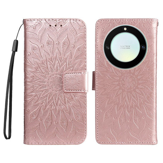 KT Imprinting Flower Series-1 for Honor X40 5G / X9a 5G / Magic5 Lite 5G PU Leather Magnetic Case Imprinted Sunflower Wallet Function Stand Flip Phone Cover with Strap - Rose Gold