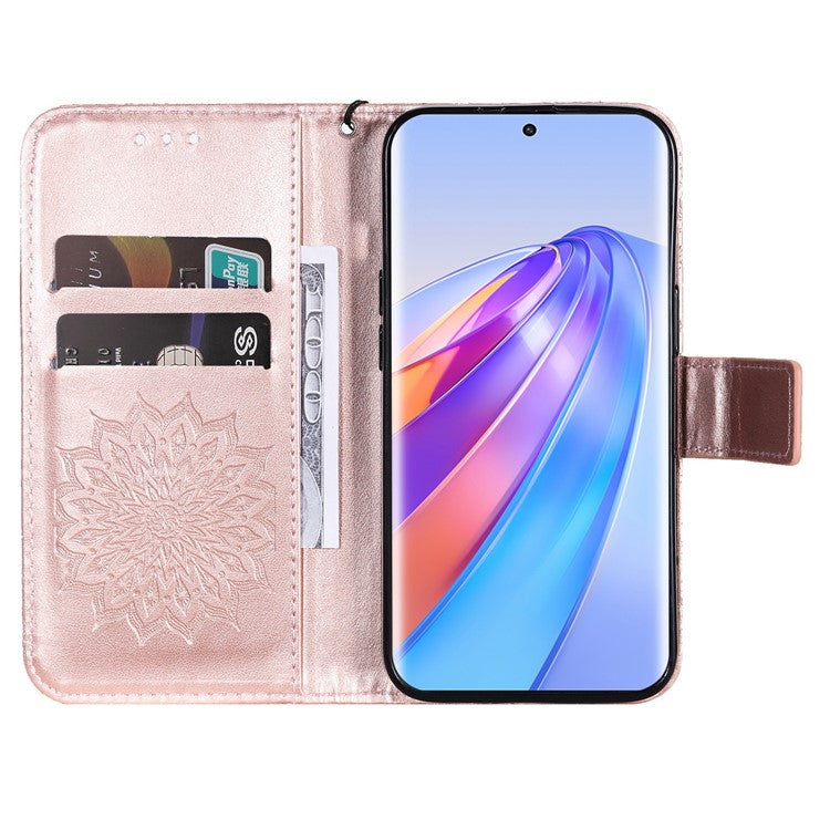 KT Imprinting Flower Series-1 for Honor X40 5G / X9a 5G / Magic5 Lite 5G PU Leather Magnetic Case Imprinted Sunflower Wallet Function Stand Flip Phone Cover with Strap - Rose Gold
