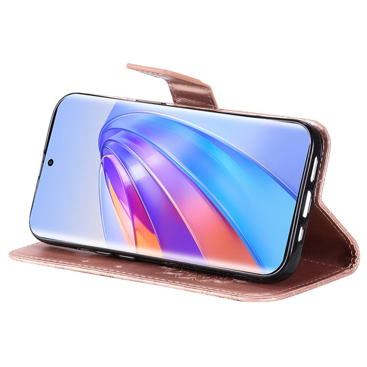 KT Imprinting Flower Series-1 for Honor X40 5G / X9a 5G / Magic5 Lite 5G PU Leather Magnetic Case Imprinted Sunflower Wallet Function Stand Flip Phone Cover with Strap - Rose Gold