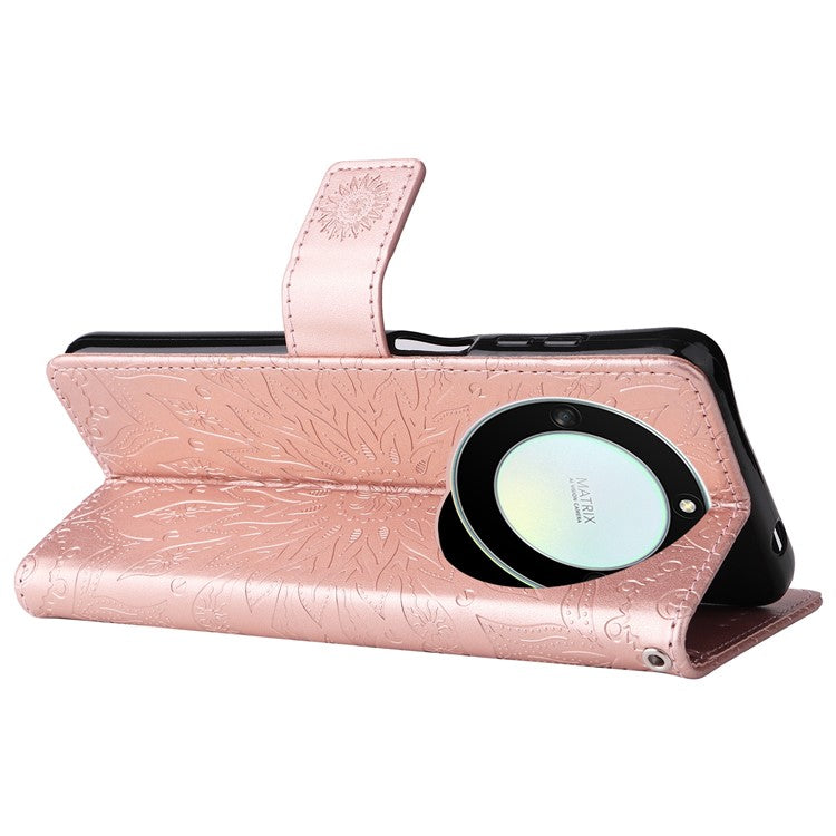 KT Imprinting Flower Series-1 for Honor X40 5G / X9a 5G / Magic5 Lite 5G PU Leather Magnetic Case Imprinted Sunflower Wallet Function Stand Flip Phone Cover with Strap - Rose Gold