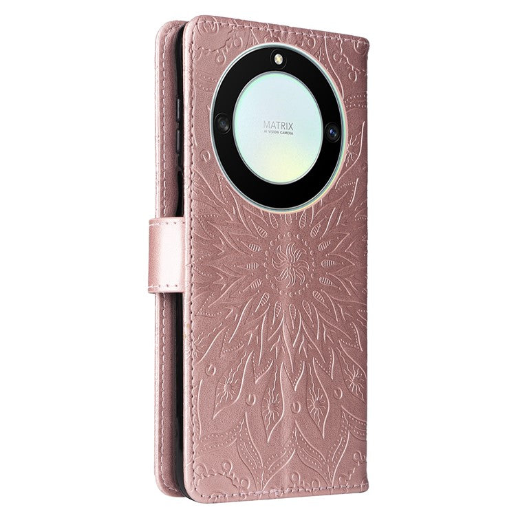 KT Imprinting Flower Series-1 for Honor X40 5G / X9a 5G / Magic5 Lite 5G PU Leather Magnetic Case Imprinted Sunflower Wallet Function Stand Flip Phone Cover with Strap - Rose Gold