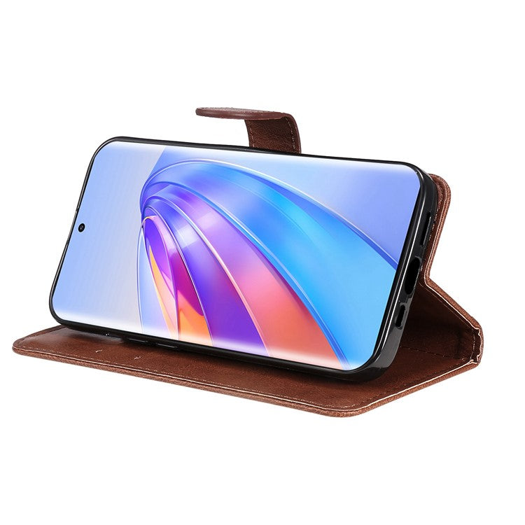 KT Leather Series-2 Shockproof Phone Case for Honor X40 5G / X9a 5G / Magic5 Lite 5G , PU Leather Flip Wallet Cover Solid Color Magnetic Closure Stand Phone Shell with Strap - Brown