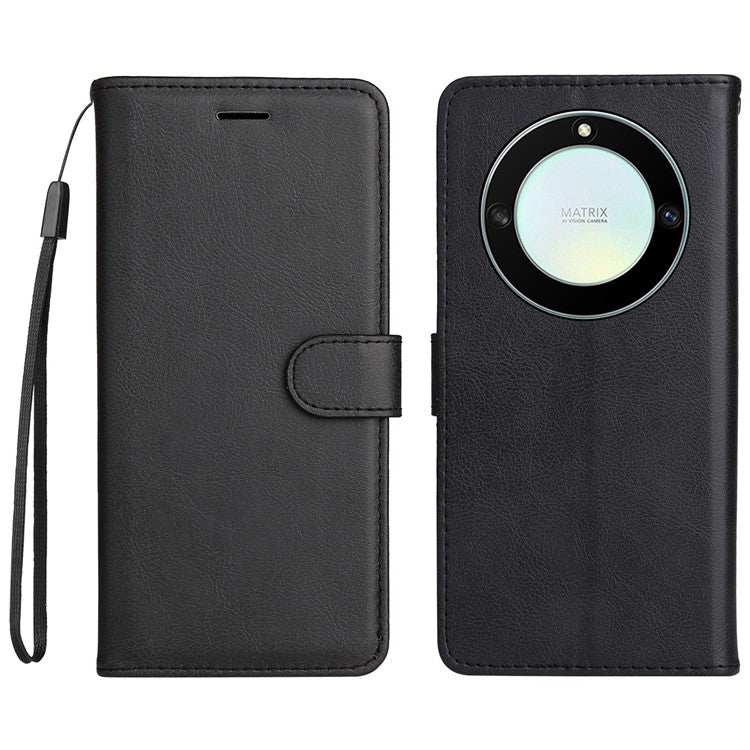 KT Leather Series-2 Shockproof Phone Case for Honor X40 5G / X9a 5G / Magic5 Lite 5G , PU Leather Flip Wallet Cover Solid Color Magnetic Closure Stand Phone Shell with Strap - Black