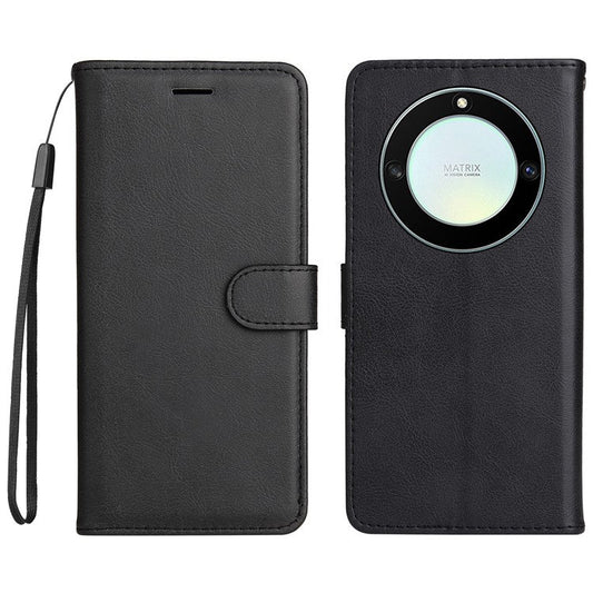 KT Leather Series-2 Shockproof Phone Case for Honor X40 5G / X9a 5G / Magic5 Lite 5G , PU Leather Flip Wallet Cover Solid Color Magnetic Closure Stand Phone Shell with Strap - Black