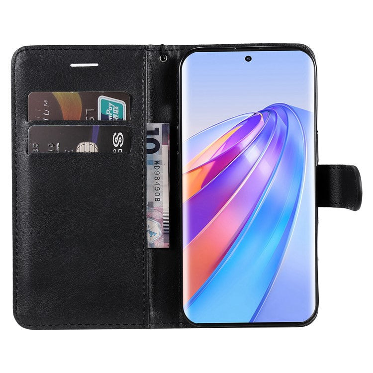 KT Leather Series-2 Shockproof Phone Case for Honor X40 5G / X9a 5G / Magic5 Lite 5G , PU Leather Flip Wallet Cover Solid Color Magnetic Closure Stand Phone Shell with Strap - Black