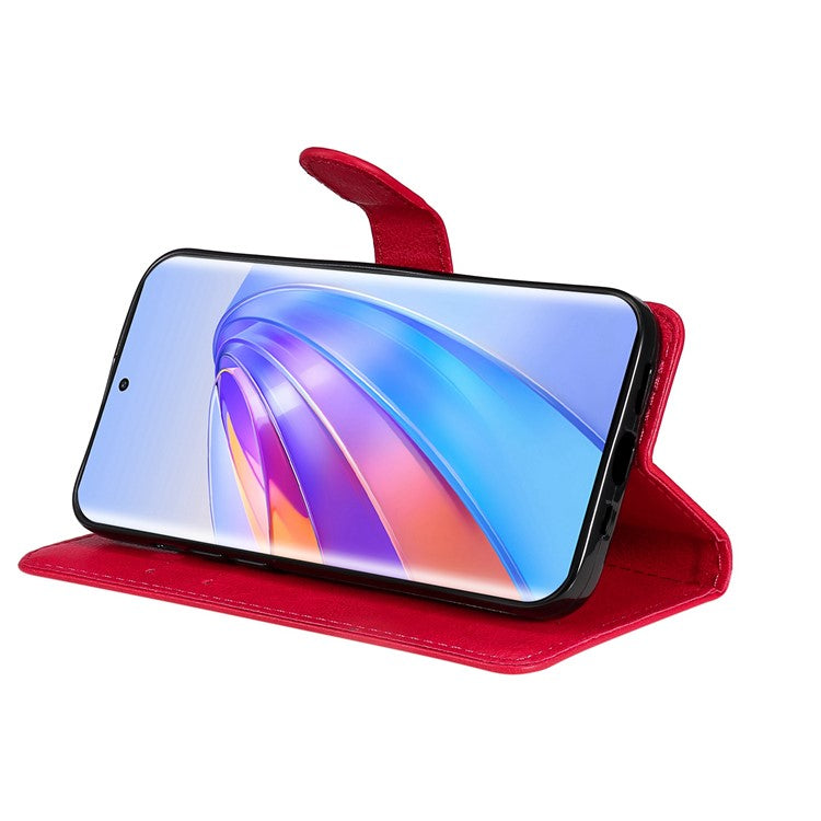 KT Leather Series-2 Shockproof Phone Case for Honor X40 5G / X9a 5G / Magic5 Lite 5G , PU Leather Flip Wallet Cover Solid Color Magnetic Closure Stand Phone Shell with Strap - Red