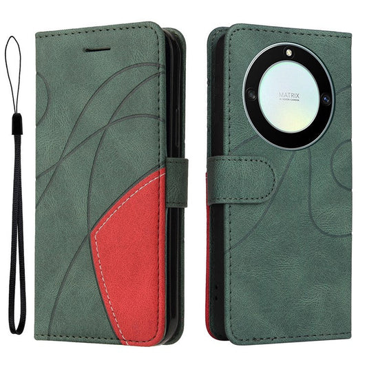 KT Leather Series-1 Anti-scratch Phone Wallet Case For Honor X40 5G / X9a 5G / Magic5 Lite 5G , Dual-color Splicing PU Leather Stand Cell Phone Cover with Strap - Green