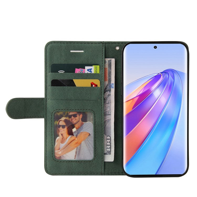 KT Leather Series-1 Anti-scratch Phone Wallet Case For Honor X40 5G / X9a 5G / Magic5 Lite 5G , Dual-color Splicing PU Leather Stand Cell Phone Cover with Strap - Green