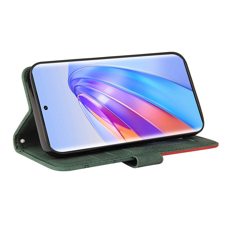 KT Leather Series-1 Anti-scratch Phone Wallet Case For Honor X40 5G / X9a 5G / Magic5 Lite 5G , Dual-color Splicing PU Leather Stand Cell Phone Cover with Strap - Green