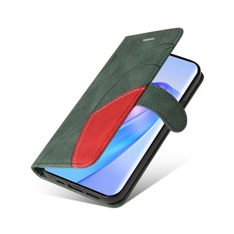 KT Leather Series-1 Anti-scratch Phone Wallet Case For Honor X40 5G / X9a 5G / Magic5 Lite 5G , Dual-color Splicing PU Leather Stand Cell Phone Cover with Strap - Green