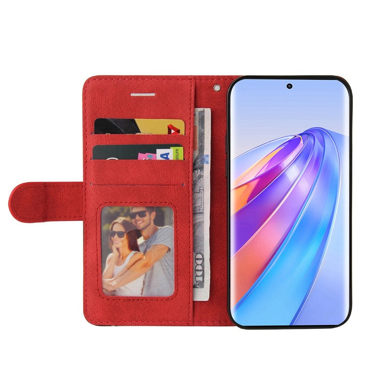 KT Leather Series-1 Anti-scratch Phone Wallet Case For Honor X40 5G / X9a 5G / Magic5 Lite 5G , Dual-color Splicing PU Leather Stand Cell Phone Cover with Strap - Red