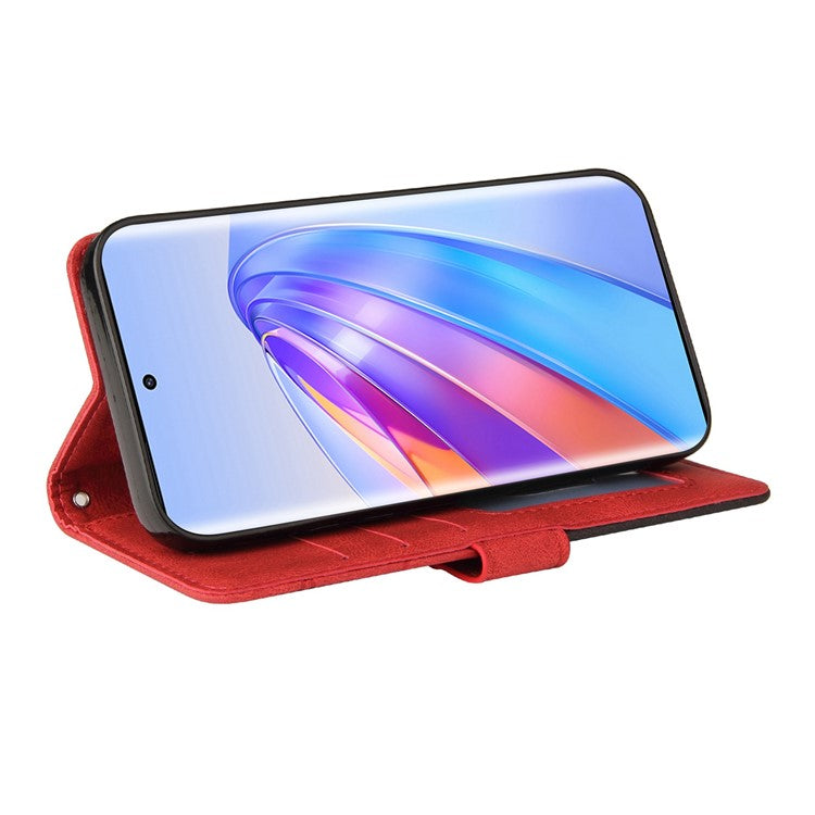 KT Leather Series-1 Anti-scratch Phone Wallet Case For Honor X40 5G / X9a 5G / Magic5 Lite 5G , Dual-color Splicing PU Leather Stand Cell Phone Cover with Strap - Red