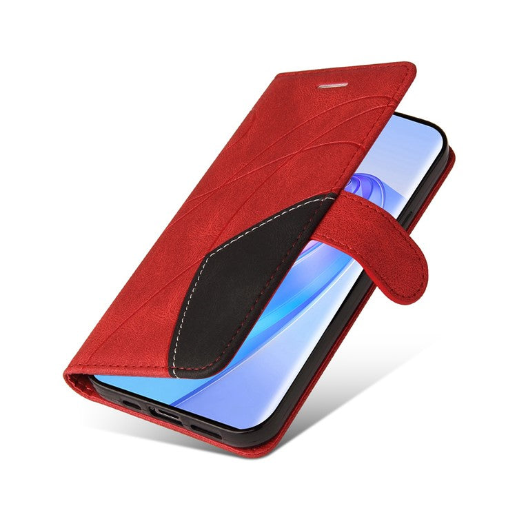 KT Leather Series-1 Anti-scratch Phone Wallet Case For Honor X40 5G / X9a 5G / Magic5 Lite 5G , Dual-color Splicing PU Leather Stand Cell Phone Cover with Strap - Red