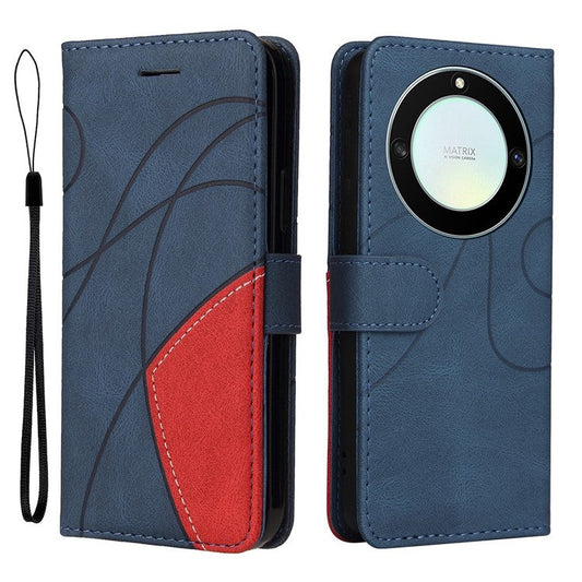 KT Leather Series-1 Anti-scratch Phone Wallet Case For Honor X40 5G / X9a 5G / Magic5 Lite 5G , Dual-color Splicing PU Leather Stand Cell Phone Cover with Strap - Blue