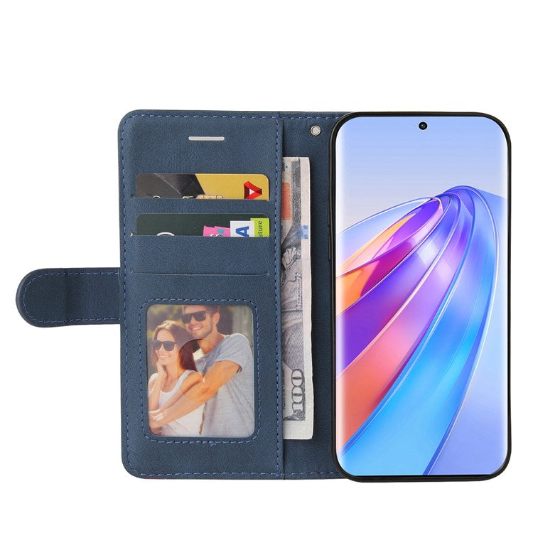KT Leather Series-1 Anti-scratch Phone Wallet Case For Honor X40 5G / X9a 5G / Magic5 Lite 5G , Dual-color Splicing PU Leather Stand Cell Phone Cover with Strap - Blue