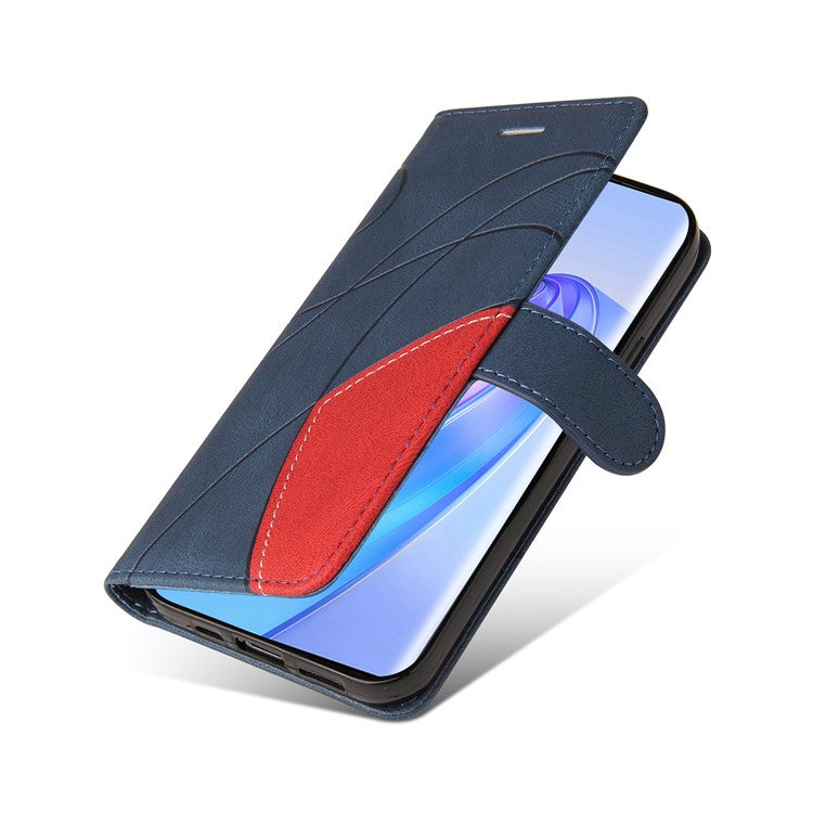 KT Leather Series-1 Anti-scratch Phone Wallet Case For Honor X40 5G / X9a 5G / Magic5 Lite 5G , Dual-color Splicing PU Leather Stand Cell Phone Cover with Strap - Blue