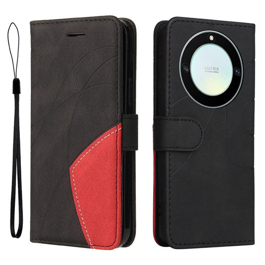 KT Leather Series-1 Anti-scratch Phone Wallet Case For Honor X40 5G / X9a 5G / Magic5 Lite 5G , Dual-color Splicing PU Leather Stand Cell Phone Cover with Strap - Black