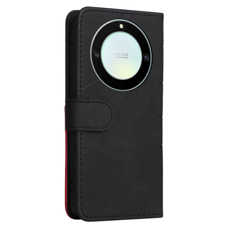 KT Leather Series-1 Anti-scratch Phone Wallet Case For Honor X40 5G / X9a 5G / Magic5 Lite 5G , Dual-color Splicing PU Leather Stand Cell Phone Cover with Strap - Black