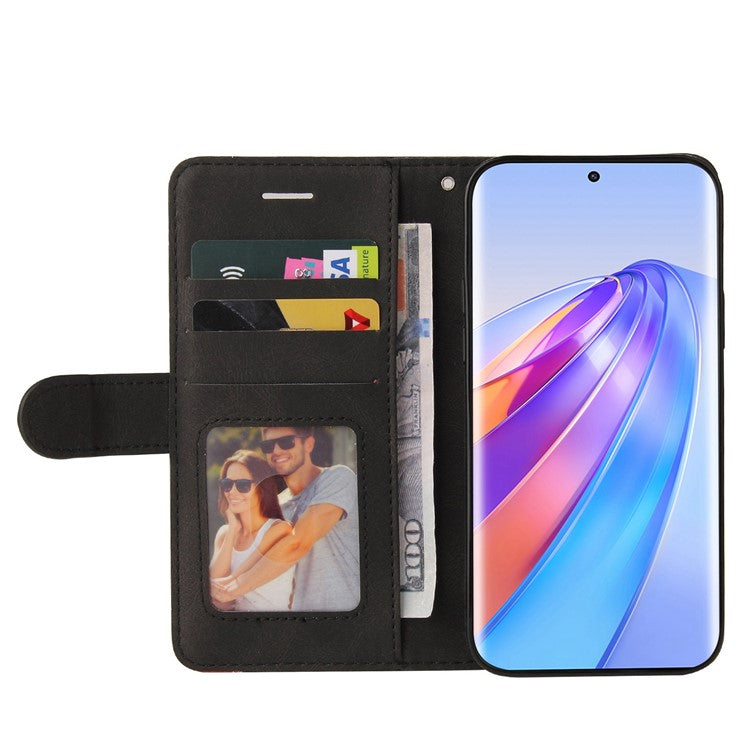 KT Leather Series-1 Anti-scratch Phone Wallet Case For Honor X40 5G / X9a 5G / Magic5 Lite 5G , Dual-color Splicing PU Leather Stand Cell Phone Cover with Strap - Black