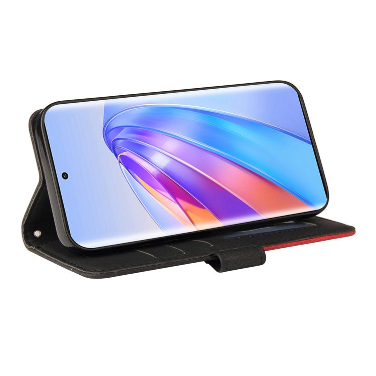 KT Leather Series-1 Anti-scratch Phone Wallet Case For Honor X40 5G / X9a 5G / Magic5 Lite 5G , Dual-color Splicing PU Leather Stand Cell Phone Cover with Strap - Black