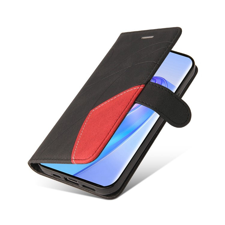 KT Leather Series-1 Anti-scratch Phone Wallet Case For Honor X40 5G / X9a 5G / Magic5 Lite 5G , Dual-color Splicing PU Leather Stand Cell Phone Cover with Strap - Black