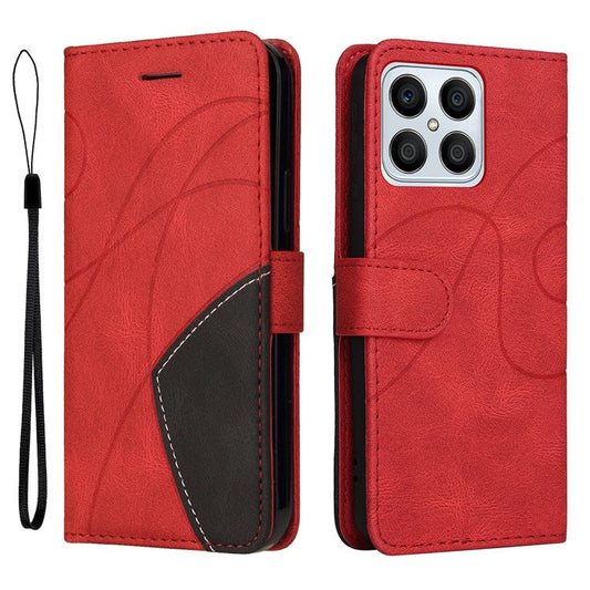 KT Leather Series-1 Phone Wallet Case for Honor X8 4G, Splicing PU Leather Collision Resistant Dual-color Stand Function Phone Cover - Red