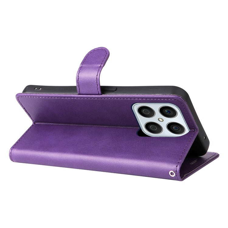 KT Leather Series-2 Phone Case for Honor X8 4G, All-round Shockproof PU Leather Flip Wallet Cover Solid Color Magnetic Closure Stand Phone Shell with Strap - Purple