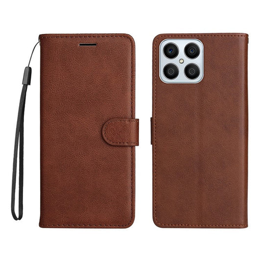 KT Leather Series-2 Phone Case for Honor X8 4G, All-round Shockproof PU Leather Flip Wallet Cover Solid Color Magnetic Closure Stand Phone Shell with Strap - Brown
