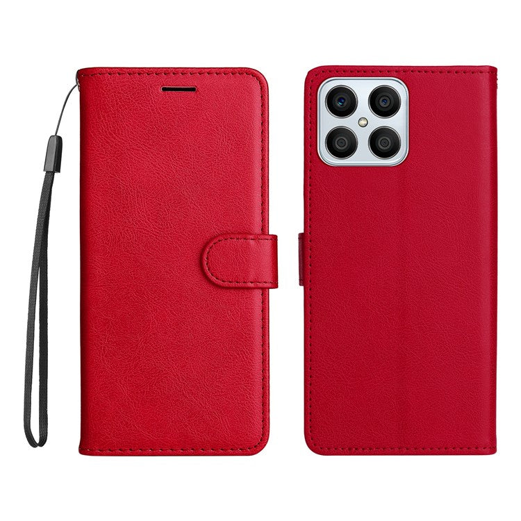 KT Leather Series-2 Phone Case for Honor X8 4G, All-round Shockproof PU Leather Flip Wallet Cover Solid Color Magnetic Closure Stand Phone Shell with Strap - Red