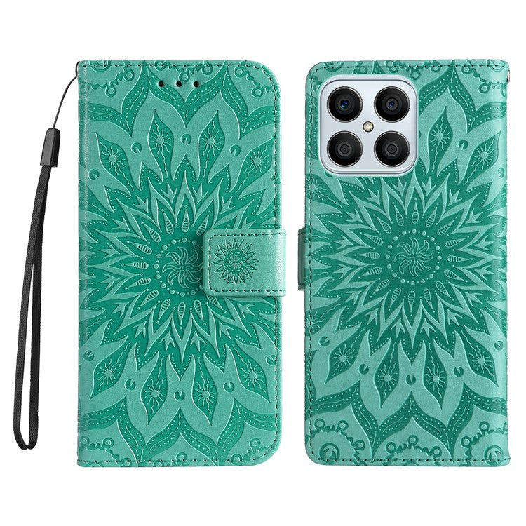 KT Imprinting Flower Series-1 for Honor X8 4G Full Coverage Phone Stand Wallet Cover Sunflower Imprinted PU Leather Phone Case - Green