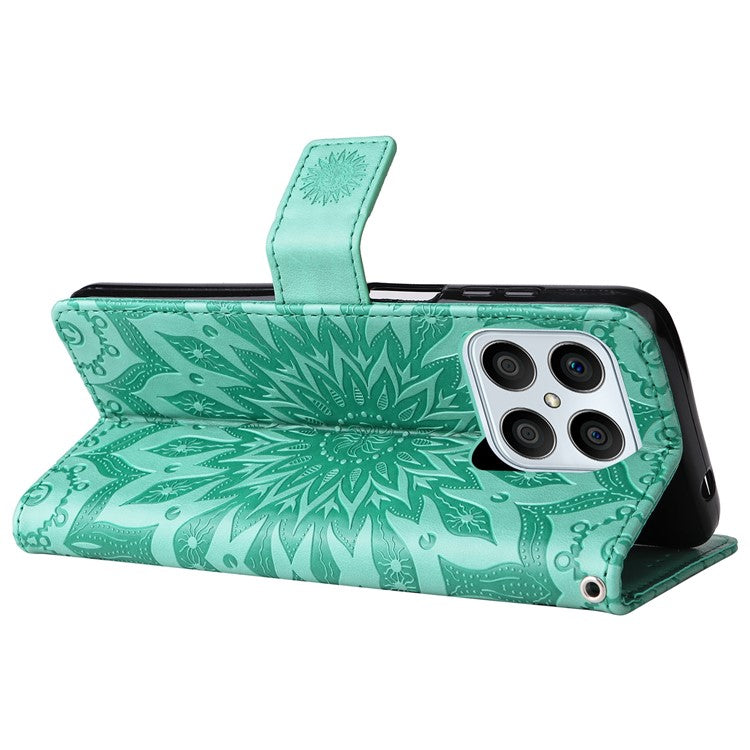 KT Imprinting Flower Series-1 for Honor X8 4G Full Coverage Phone Stand Wallet Cover Sunflower Imprinted PU Leather Phone Case - Green