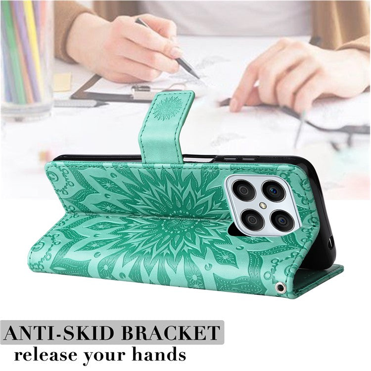 KT Imprinting Flower Series-1 for Honor X8 4G Full Coverage Phone Stand Wallet Cover Sunflower Imprinted PU Leather Phone Case - Green