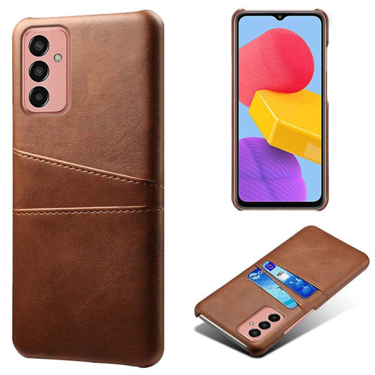 For Samsung Galaxy M13 4G Phone Case with Dual Card Slots, Drop Resistant PU Leather Coated Hard PC Cover - Brown