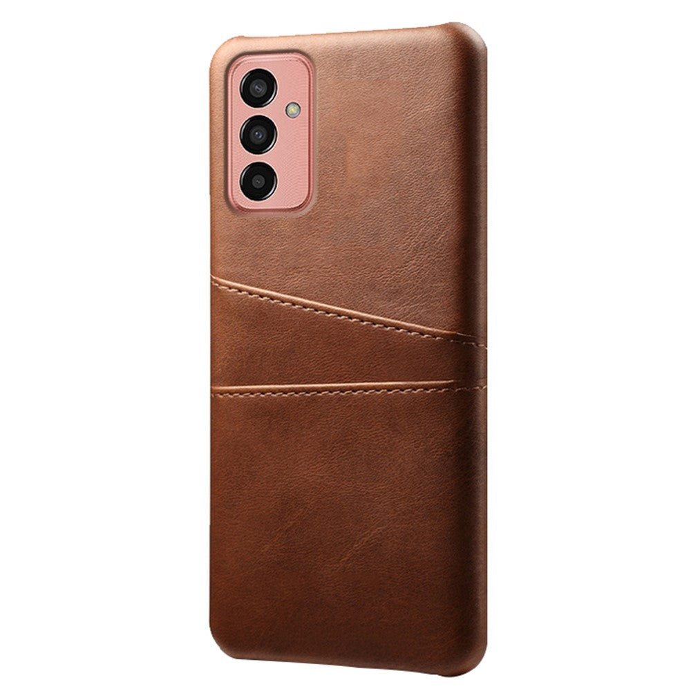 For Samsung Galaxy M13 4G Phone Case with Dual Card Slots, Drop Resistant PU Leather Coated Hard PC Cover - Brown