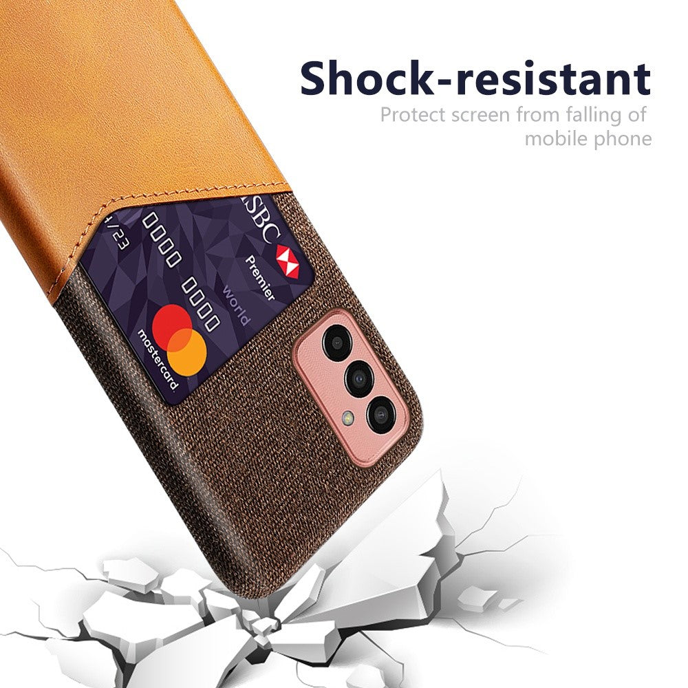 Cellphone Case for Samsung Galaxy M13 4G Card Holder Design Anti-fall Cloth Texture Phone Case PU Leather Coated PC Cover - Brown