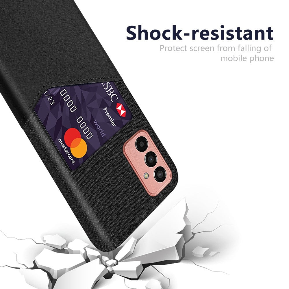 Cellphone Case for Samsung Galaxy M13 4G Card Holder Design Anti-fall Cloth Texture Phone Case PU Leather Coated PC Cover - Black