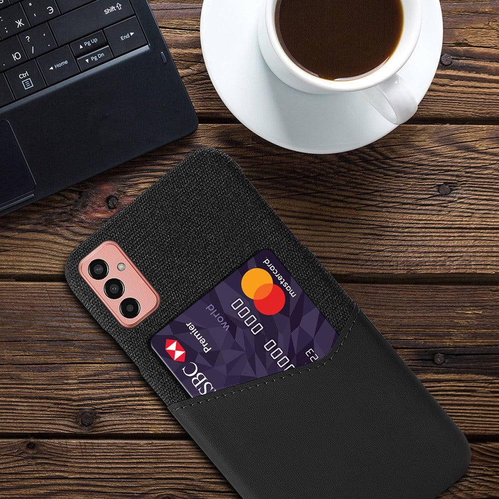 Cellphone Case for Samsung Galaxy M13 4G Card Holder Design Anti-fall Cloth Texture Phone Case PU Leather Coated PC Cover - Black