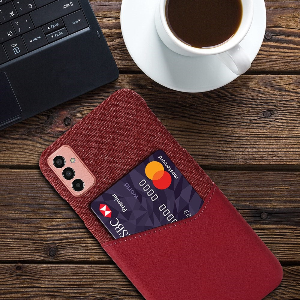 Cellphone Case for Samsung Galaxy M13 4G Card Holder Design Anti-fall Cloth Texture Phone Case PU Leather Coated PC Cover - Red