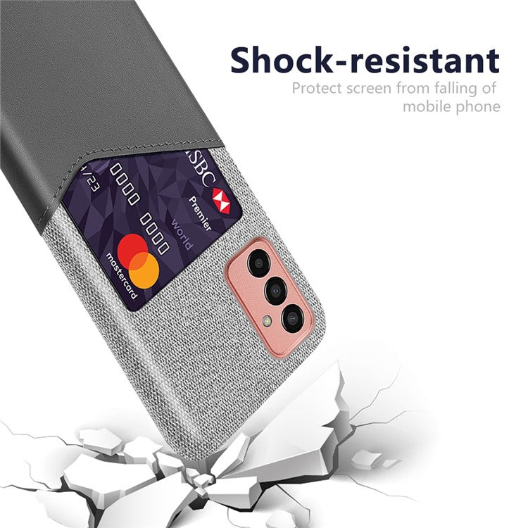 Cellphone Case for Samsung Galaxy M13 4G Card Holder Design Anti-fall Cloth Texture Phone Case PU Leather Coated PC Cover - Grey