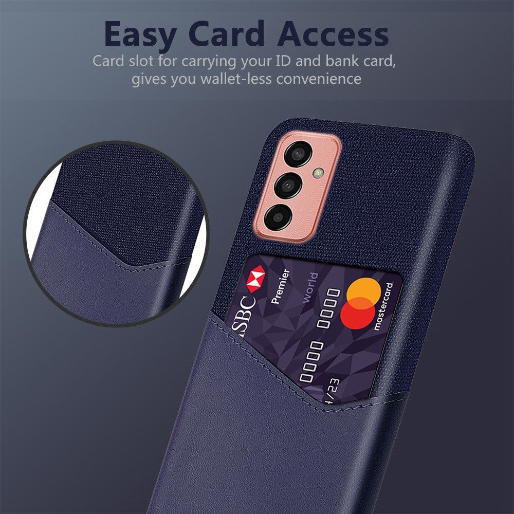 Cellphone Case for Samsung Galaxy M13 4G Card Holder Design Anti-fall Cloth Texture Phone Case PU Leather Coated PC Cover - Blue