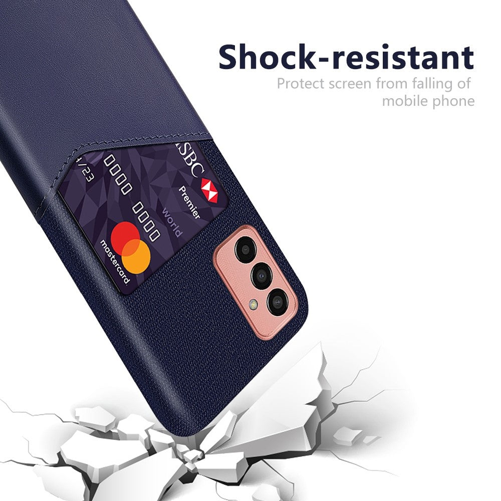 Cellphone Case for Samsung Galaxy M13 4G Card Holder Design Anti-fall Cloth Texture Phone Case PU Leather Coated PC Cover - Blue