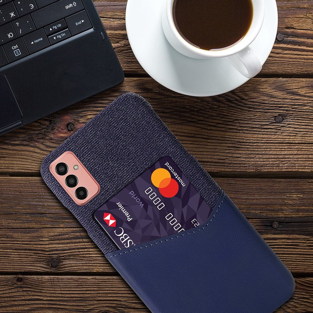 Cellphone Case for Samsung Galaxy M13 4G Card Holder Design Anti-fall Cloth Texture Phone Case PU Leather Coated PC Cover - Blue