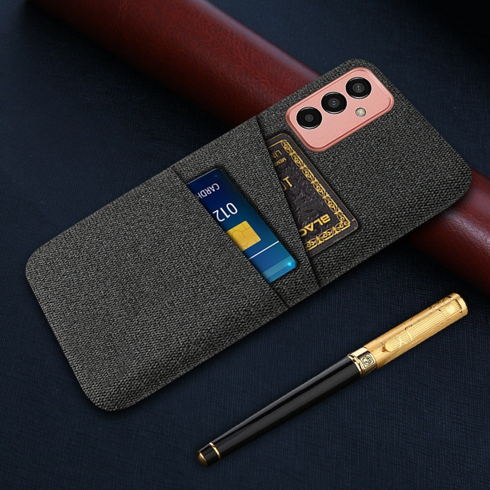 For Samsung Galaxy M13 4G Cloth Texture Phone Case Fall Prevention Dual Card Slots PC Protective Back Cover - Black