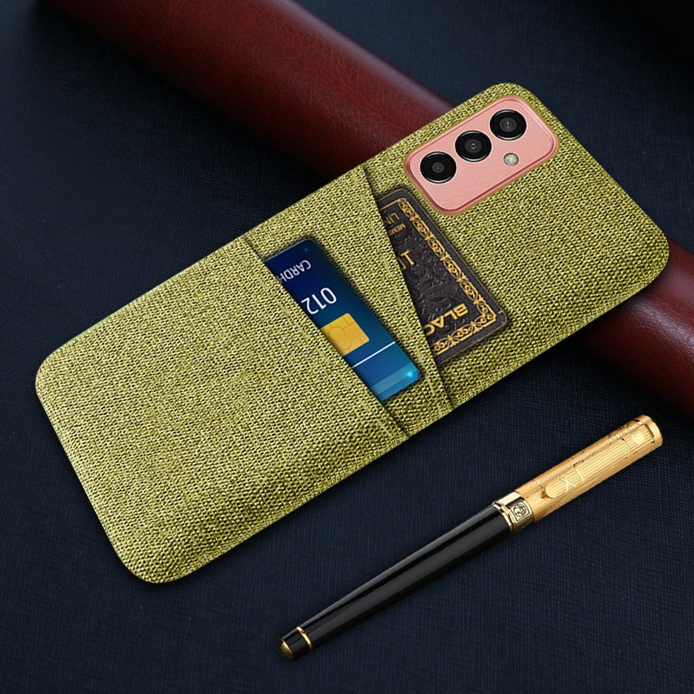 For Samsung Galaxy M13 4G Cloth Texture Phone Case Fall Prevention Dual Card Slots PC Protective Back Cover - Yellow