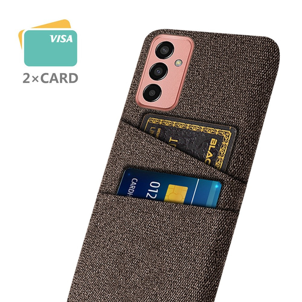 For Samsung Galaxy M13 4G Cloth Texture Phone Case Fall Prevention Dual Card Slots PC Protective Back Cover - Brown