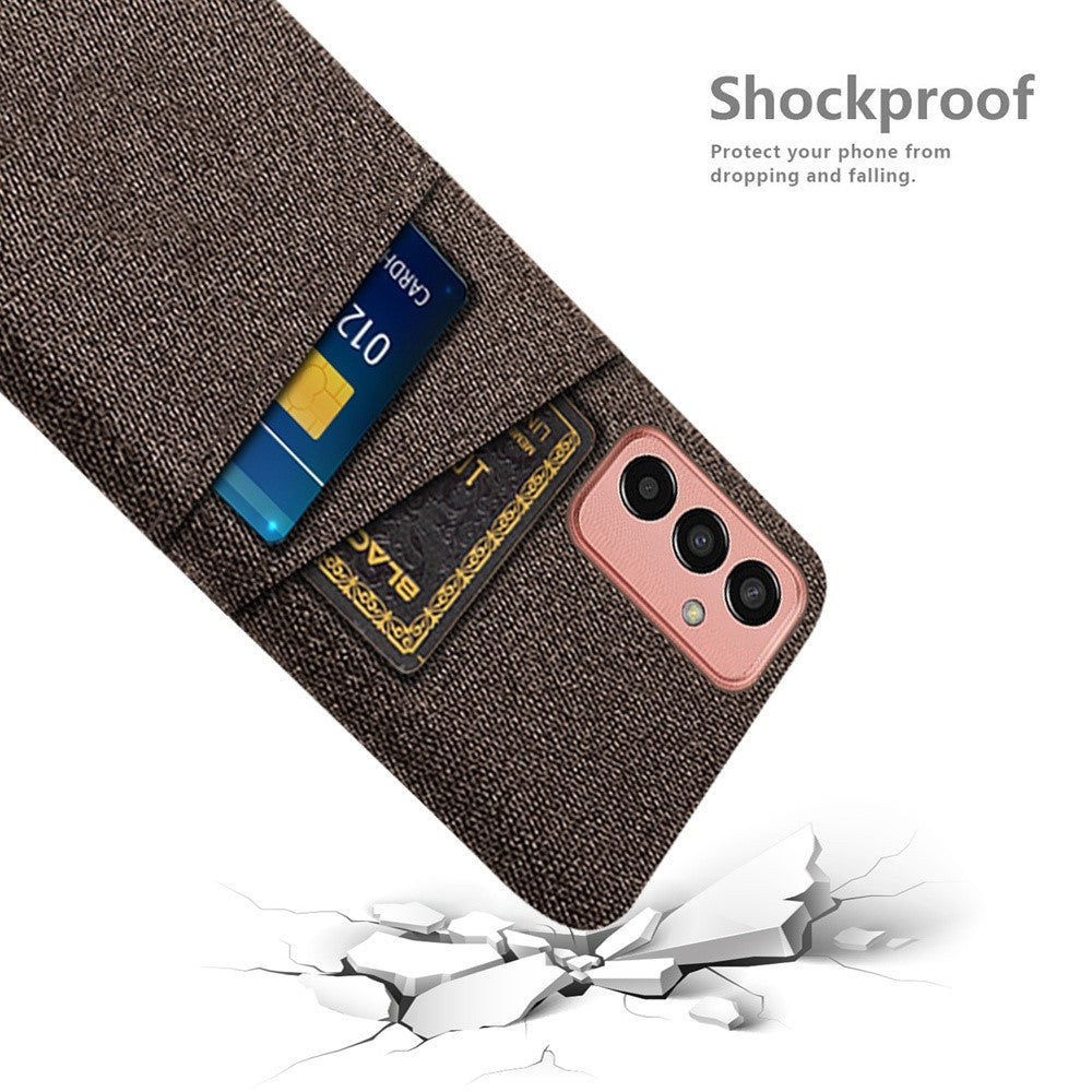 For Samsung Galaxy M13 4G Cloth Texture Phone Case Fall Prevention Dual Card Slots PC Protective Back Cover - Brown