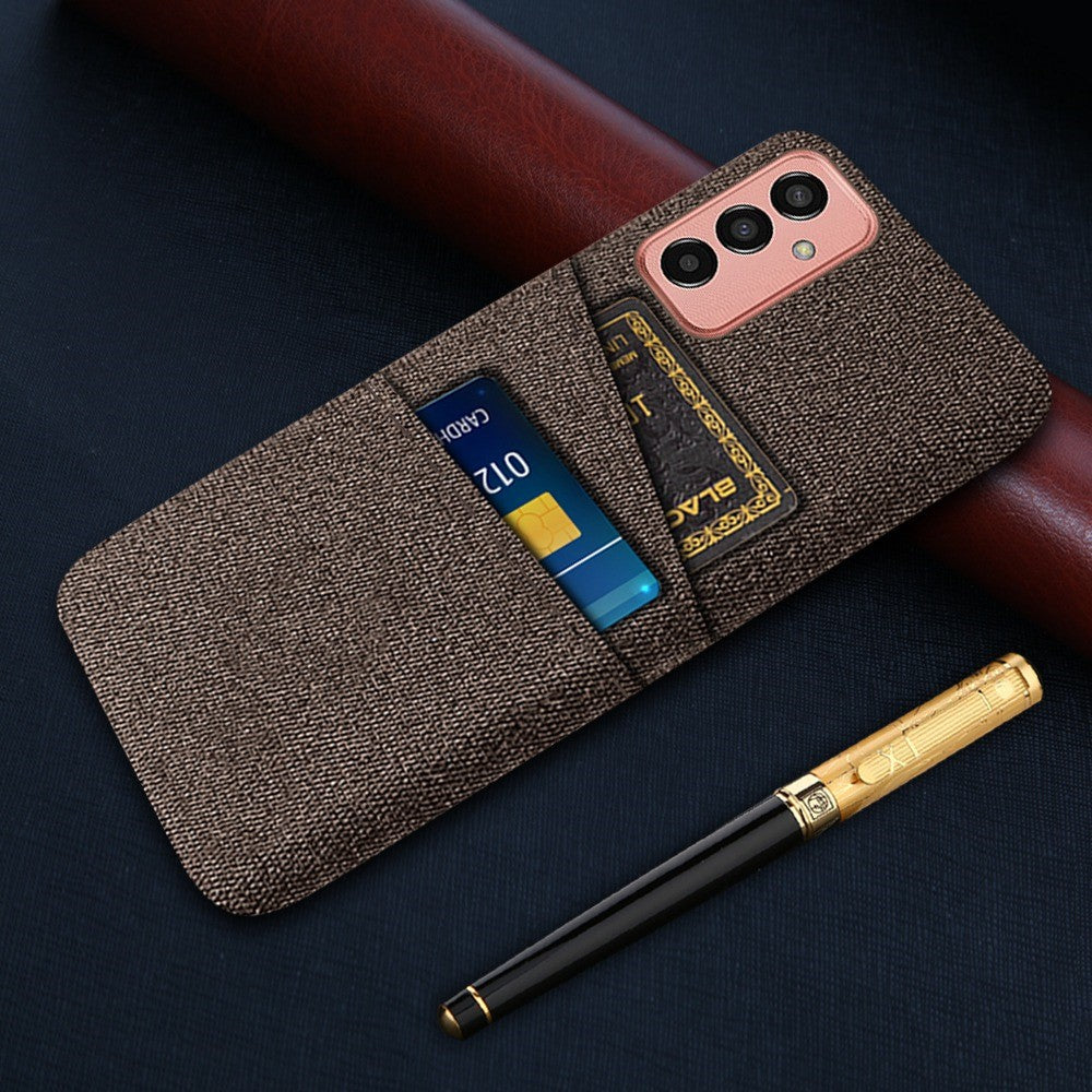 For Samsung Galaxy M13 4G Cloth Texture Phone Case Fall Prevention Dual Card Slots PC Protective Back Cover - Brown