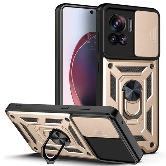 PC + TPU Phone Cover For Motorola Moto X30 Pro 5G / Edge 30 Ultra 5G Ring Kickstand Anti-fall Phone Case with Slide Camera Lid - Gold